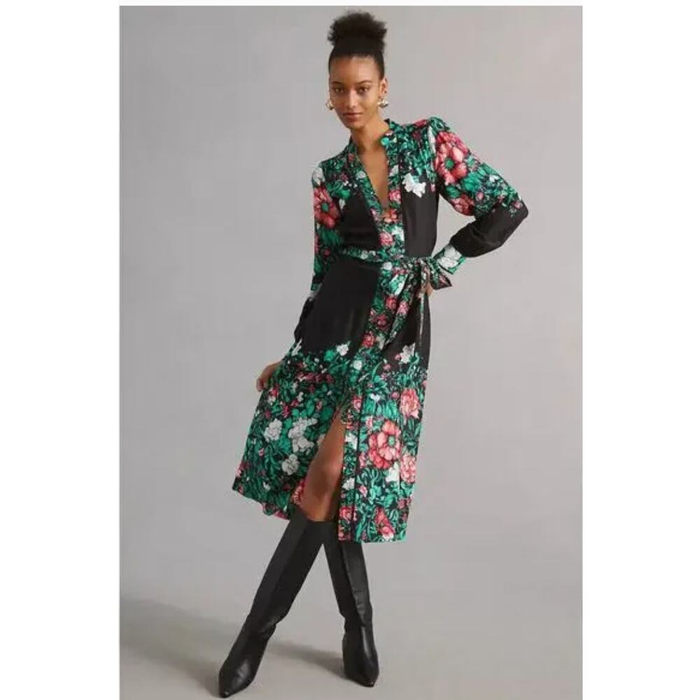 Anthropology midi shirt dress black floral